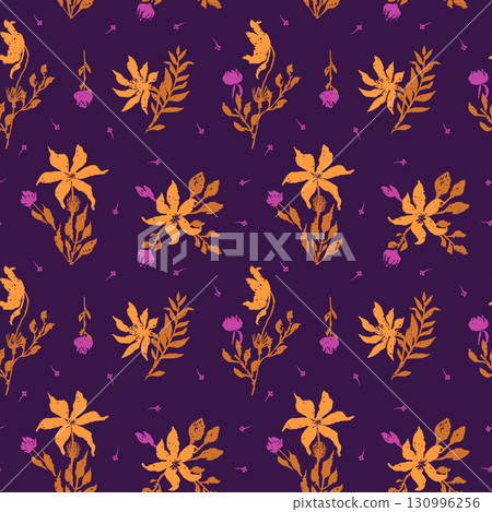 Hand drawn abstract orange loose floral seamless pattern on purple backdrop. Flowers and leaves organic rough shapes botanical repeat background for textile 130996256