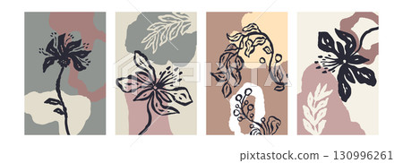 Set of poster or card with ink brush abstract sketch flowers and leaves organic shapes background. Minimalist floral composition bundle Set of poster or card with ink brush abstract sketch flowers and leaves organic shapes background. Minimalist floral composition bundle 130996261