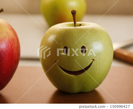 Decorative apple with smile. Green smiling apple. Decorative apple with smile. Green smiling apple. 130996427