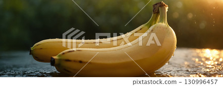 Banana with water drops in the backlight of the sun. Fresh banana with water drops. 130996457