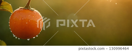 Persimmon with water drops in the backlight of the sun. Fresh persimmon with water drops. 130996464