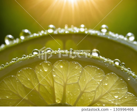 Cut lime, fruit, macro, portrait. Fresh lime with water drops. 130996466