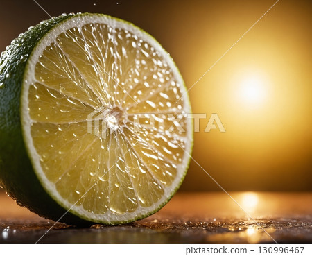 Cut lime, fruit, macro, portrait. Fresh lime with water drops. 130996467