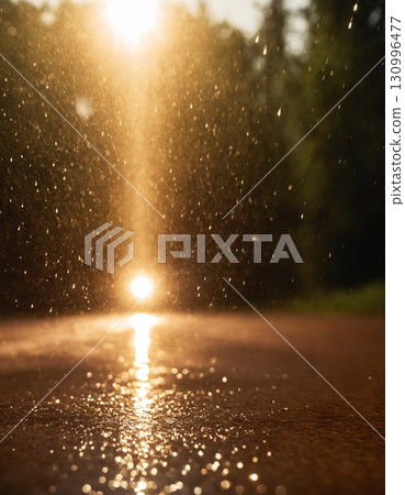 Concept of rain, sun and water. Drops of water shimmer in the backlight. 130996477