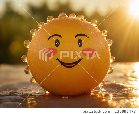 Smile on grapefruit, fruit, macro, portrait. Grapefruit with smile and water drops in backlit sun. 130996478