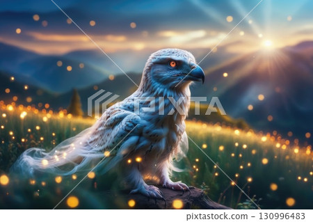 Mystical white eagle, ghost eagle in the clearing, mountains are visible in the distance. Mystical white eagle, ghost eagle in the clearing, mountains are visible in the distance. 130996483