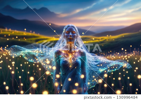 A mystical ghost, a ghost in a clearing, mountains are visible in the distance. 130996484