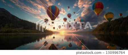 Hot air balloon travel over launching over a lake. Banner. 130996764