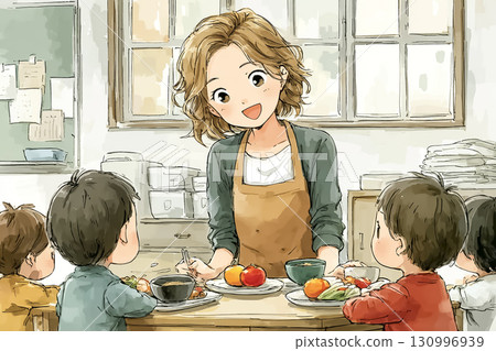 Miyu Series: A scene where Miyu smiles and tells the children at school lunch time about the importance of eating everything. 130996939