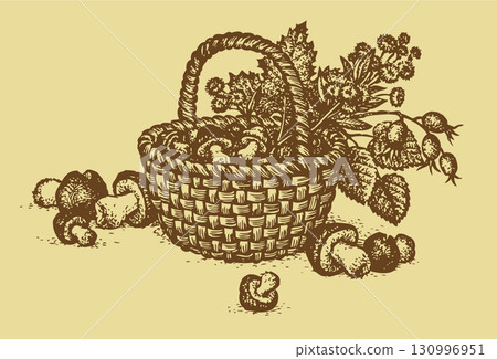 Vector still life. Autumn forest harvest in basket: mushrooms and berries 130996951