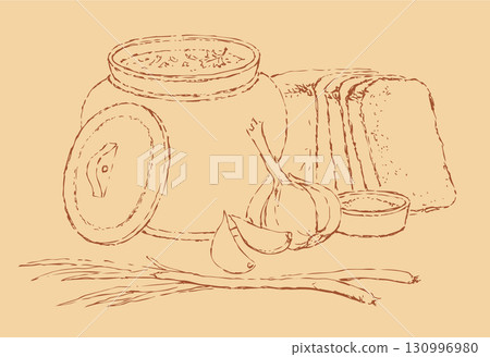 Vector sketch Ukrainian lunch.  130996980