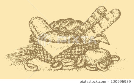Vector still life. Basket of fresh pastries: baguettes, rolls, bread 130996989
