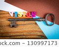 Vintage Key and Colorful Vision Letters on Desk 130997173