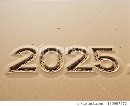 Christmas inscription 2025 on a summer beach. 130997272