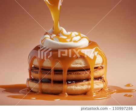 Cinnamon roll, dripping in juice, jelly. AI generated image.Delicious freshly baked cinnamon rolls. 130997286