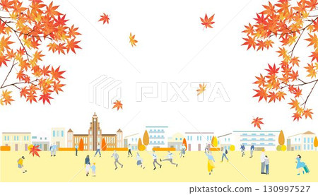 人們走在美麗的紅色秋葉下-城市景觀-時尚向量秋天背景材料框架 130997527