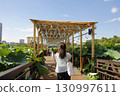 Wind chimes ringing from above the heads of people strolling along the path 130997611
