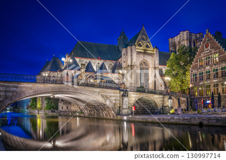 Sint Michielskerk in Ghent during Blue Hour with Night Illumination 130997714