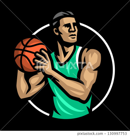 Logo of a basketball player with a ball in his hands on dark background. Logo of a basketball player with a ball in his hands on dark background. 130997753