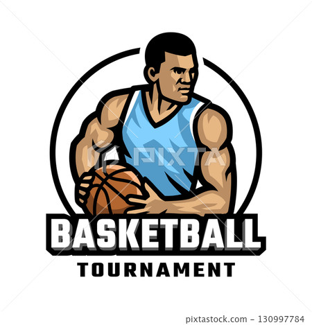 Logo of a basketball player with a ball in his hands. Logo of a basketball player with a ball in his hands. 130997784