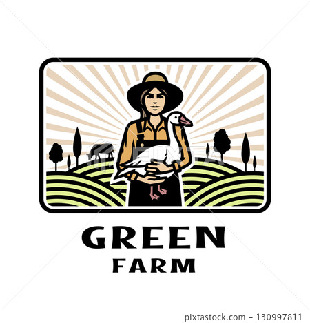 A girl farmer with a goose in her hands against the background of a farm. Logo, emblem. 130997811