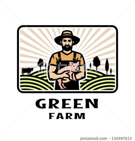 A farmer holding a piglet in his hands against the background of a farm. Logo, emblem. A farmer holding a piglet in his hands against the background of a farm. Logo, emblem. 130997813
