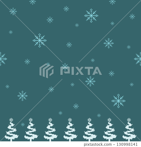 A charming Christmas pixel art pattern featuring a snowfall of snowflakes and a row of winter trees. Perfect for holiday backgrounds and seasonal designs. A charming Christmas pixel art pattern featuring a snowfall of snowflakes and a row of winter trees. Perfect for holiday backgrounds and seasonal designs. 130998141
