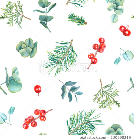Watercolor seamless pattern with red berries of ilex, spruce twigs, eucalyptus and thuja. Hand drawn illustration on white background for design of fabric, wrapping paper, wallpaper, decoupage card. 130998219