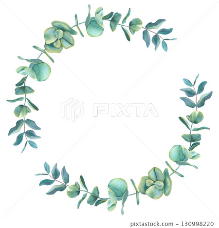 Wreath with green eucalyptus leaves. Hand drawn watercolor botanical illustration of circle floral frame on isolated background. Template for greeting cards, wedding or New Year invitations, logo. 130998220