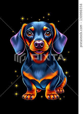 dachshund breed dog puppy decorative portrait with big eyes on black background with shiny stars 130998358
