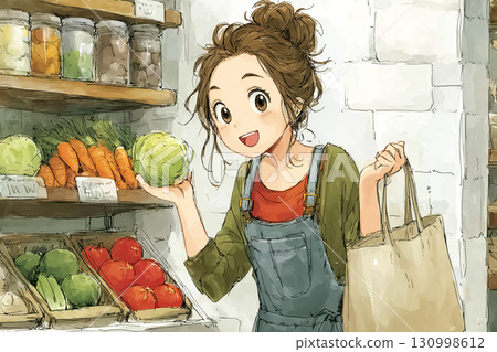 Miyu Series: Food waste reduction Miyu smiles as she chooses non-standard vegetables at the supermarket 130998612