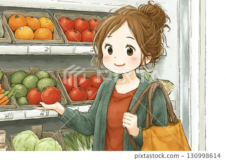 Miyu Series: Food waste reduction Miyu smiles as she chooses non-standard vegetables at the supermarket 130998614