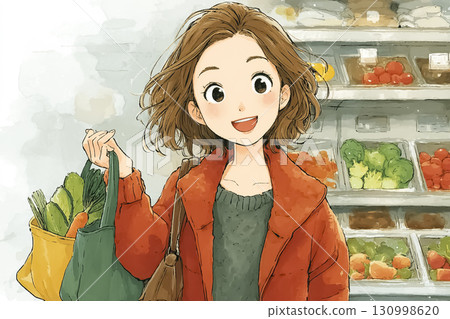Miyu Series: Food waste reduction Miyu smiles as she chooses non-standard vegetables at the supermarket 130998620