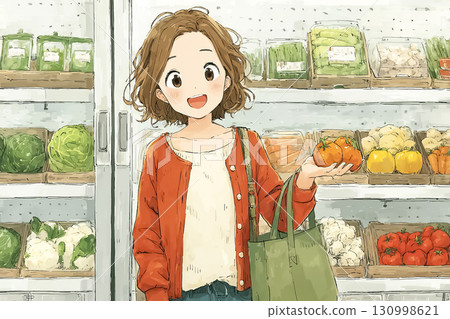 Miyu Series: Food waste reduction Miyu smiles as she chooses non-standard vegetables at the supermarket Miyu Series: Food waste reduction Miyu smiles as she chooses non-standard vegetables at the supermarket 130998621