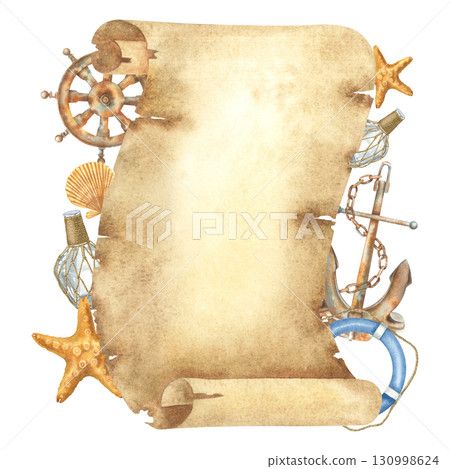 Parchment scroll, life preserver, rusty anchor, helm, starfish, glass bottle. Hand drawn watercolor illustration of composition in nautical style on isolated background. Use for cards and invitations. 130998624
