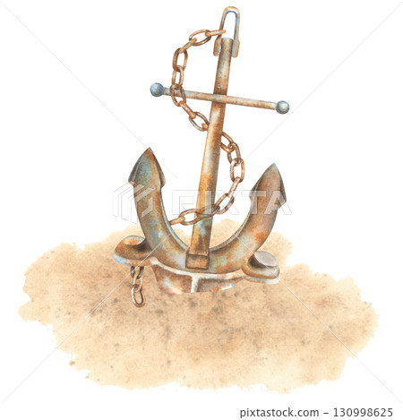 Watercolor rusty anchor on the sand of the sea bottom. A hand drawn illustration of an important part of a ship in marine style on an isolated background. Simple nautical clipart of a shipwreck. 130998625