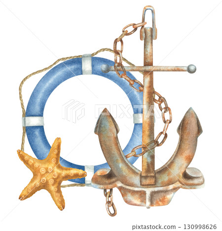 Anchor, lifebuoy and starfish. Hand drawn watercolor illustration of marine themes attributes on isolated background. Nautical themed composition ideal for maritime, travel or adventure design. 130998626