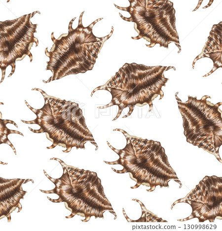 Seamless pattern with brown seashells. Hand drawn watercolor illustration of sea snails and shells on white background. Tropical clip art of coral reef animals for fabric, beach decor,wrapping paper. 130998629