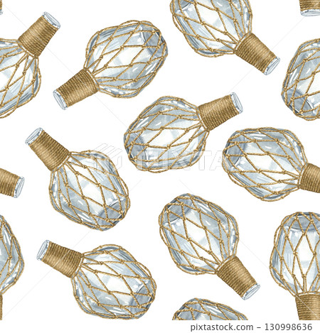 Seamless pattern with a glass bottle wrapped in crocheted macrame mesh. Hand drawn watercolor illustration of wide bottle with decorative cap on white background. For blog about ecology and recycling. Seamless pattern with a glass bottle wrapped in crocheted macrame mesh. Hand drawn watercolor illustration of wide bottle with decorative cap on white background. For blog about ecology and recycling. 130998636