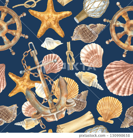Seamless pattern with anchor, starfish, whimsical seashells, steering wheel, bottle, paper scroll, ship ropes with knots. Hand drawn watercolor illustration on navy background for nautical design. 130998638