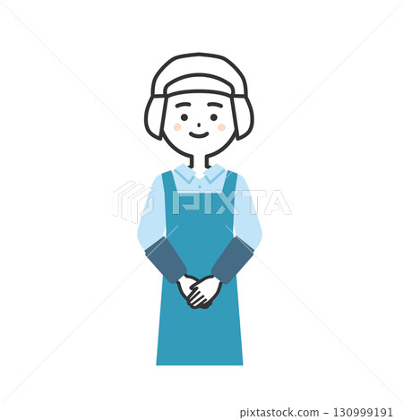 Illustration of a woman wearing a sanitary cap and apron with her hands clasped in front of her Illustration of a woman wearing a sanitary cap and apron with her hands clasped in front of her 130999191