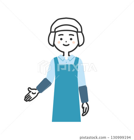 Illustration of a woman wearing a sanitary cap and apron pointing downwards 130999194