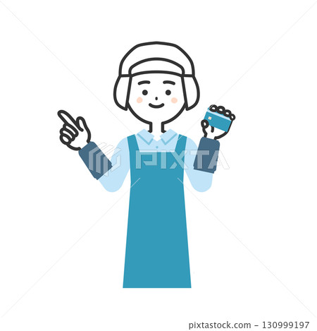 Illustration of a woman wearing a sanitary cap and apron holding a card and pointing up Illustration of a woman wearing a sanitary cap and apron holding a card and pointing up 130999197