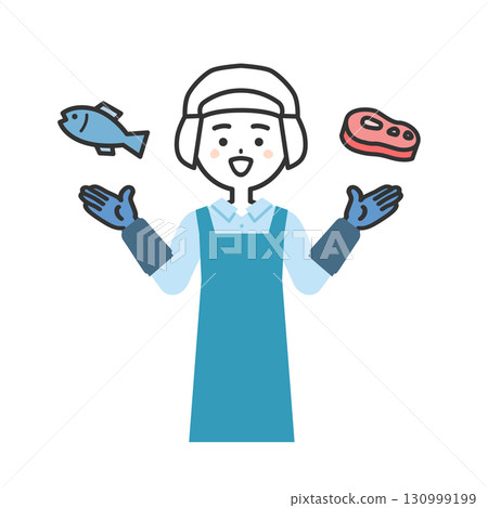Illustration of a woman wearing a hygiene cap and apron pointing at meat and fish Illustration of a woman wearing a hygiene cap and apron pointing at meat and fish 130999199
