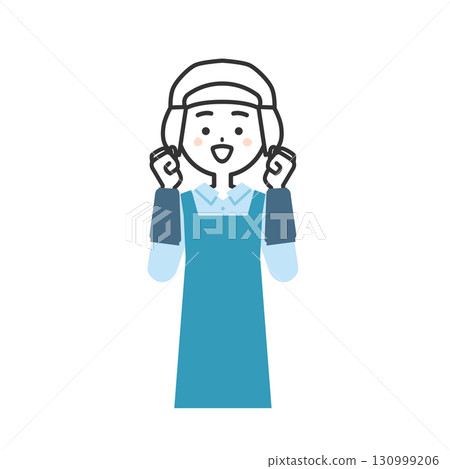 Illustration of a woman wearing a hygiene cap and apron making a fist pump with both hands 130999206
