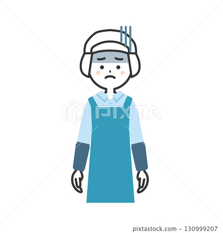 一位戴著衛生帽和圍裙、表情呆滯的女性插圖 130999207