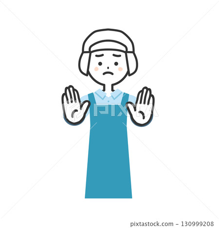 Illustration of a woman wearing a hygiene cap and apron holding something back with both hands 130999208