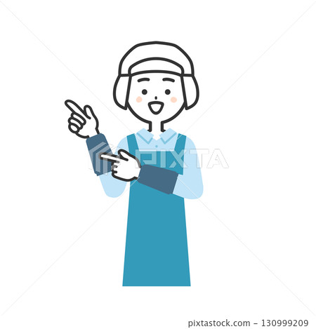 Illustration of a woman wearing a hygiene cap and apron pointing with both hands 130999209