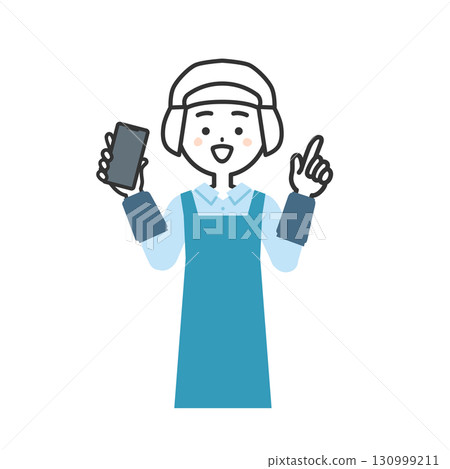 圖：一位戴著衛生帽和圍裙的女性，手裡拿著智慧型手機，手指向上 130999211