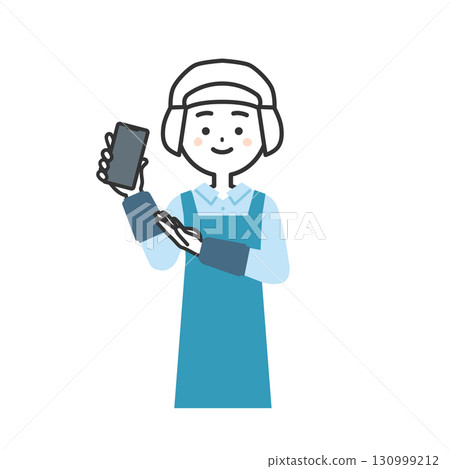 Illustration of a woman wearing a sanitary cap and apron pointing at a smartphone 130999212